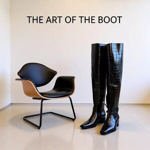 Schutz Black Crocodile Embossed Over the Knee Boots Zipper Pointed Toe Leather